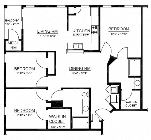 Floor plan for 3 beds, 2 baths, 1402 sqft